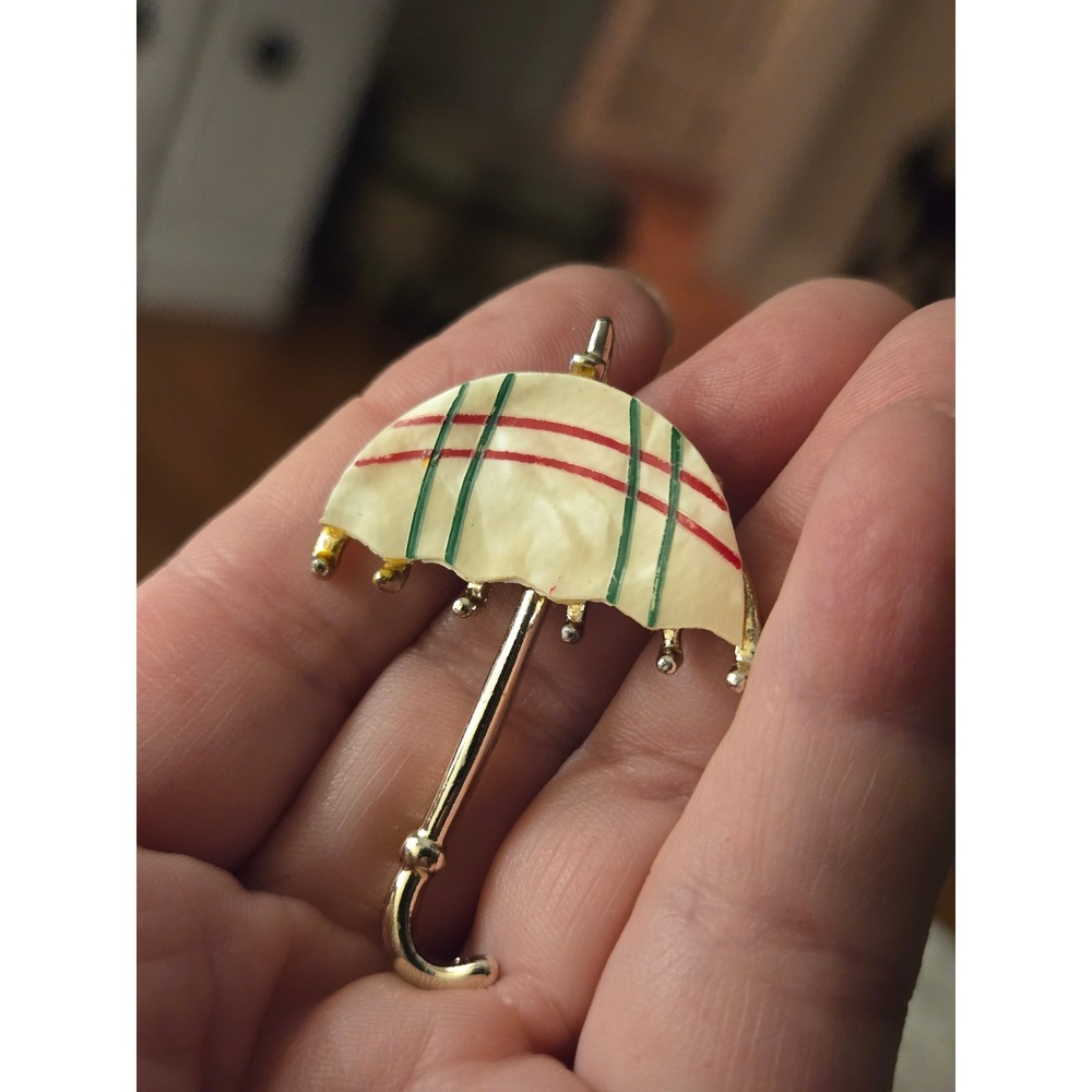 Mother of Pearl Enamel Umbrella Brooch Unsigned Weather Rain Storming
